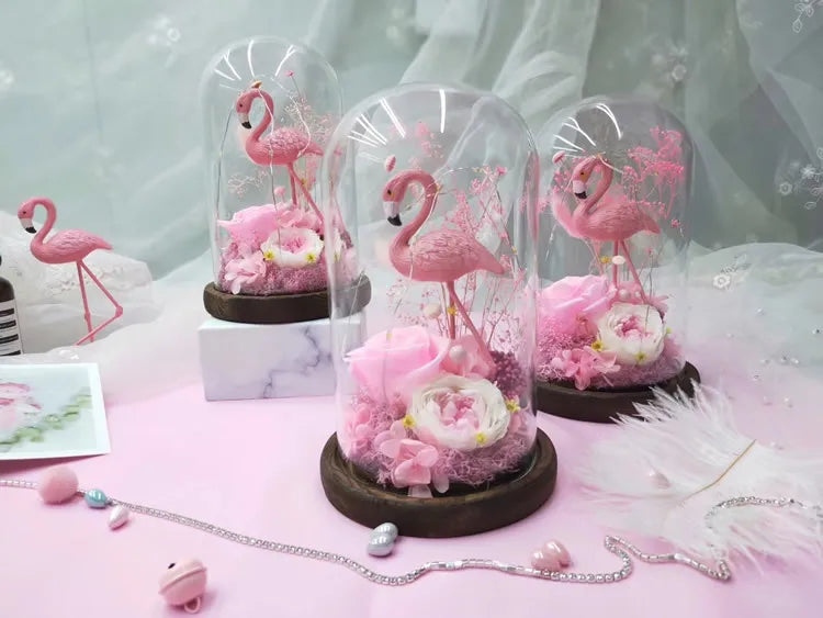 Tabletop Display Glass Cover Terrarium Container Decor Dry Flower Ornaments Craft Bell Jar Wood Base with Feet LED Light Holder