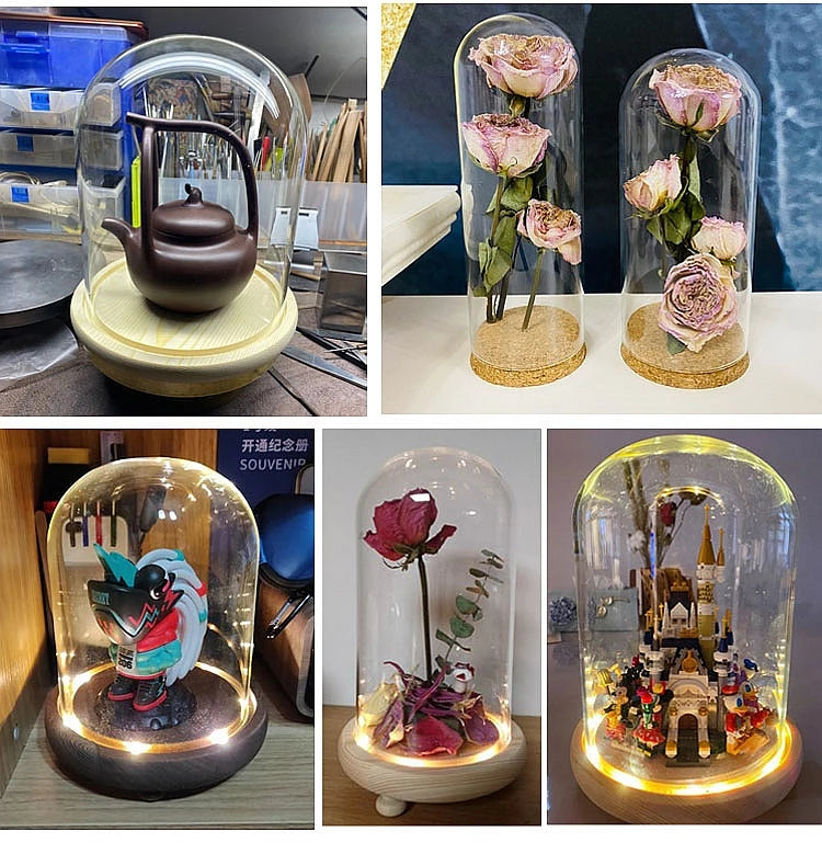 Tabletop Display Glass Cover Terrarium Container Decor Dry Flower Ornaments Craft Bell Jar Wood Base with Feet LED Light Holder