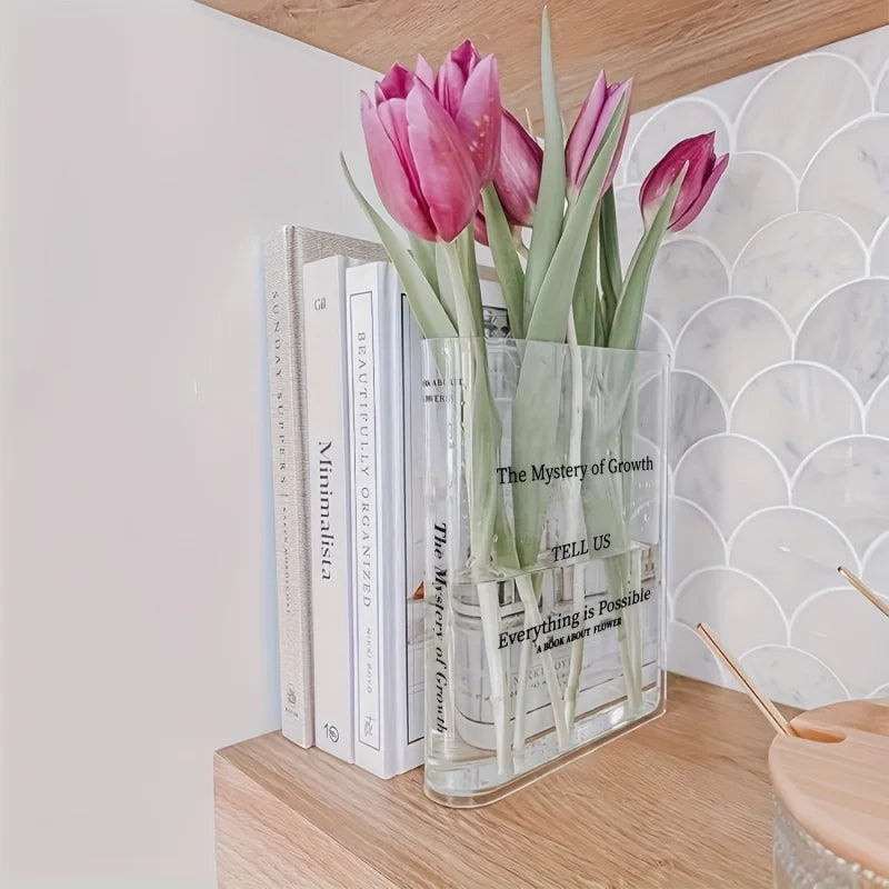 Transparent Acrylic Vase Transparent Book-Shaped Vase Suitable for Decorating Unique Homes, Bedrooms, and Offices