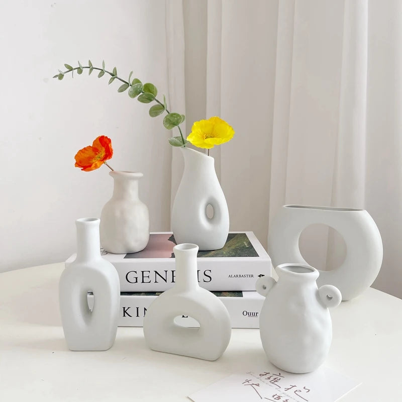INS Ceramic Vase White Flower Pot Nordic Decorative Vase Dry Flower Vases for Home Living Room Desktop Decor ваза для цветов
