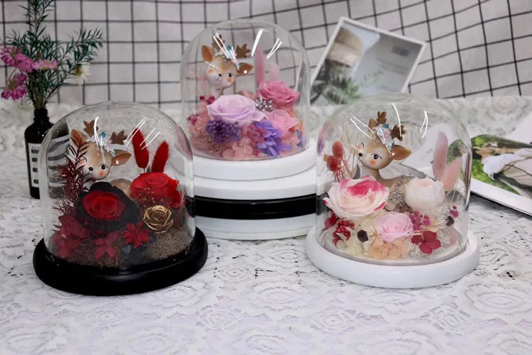 Tabletop Display Glass Cover Terrarium Container Decor Dry Flower Ornaments Craft Bell Jar Wood Base with Feet LED Light Holder