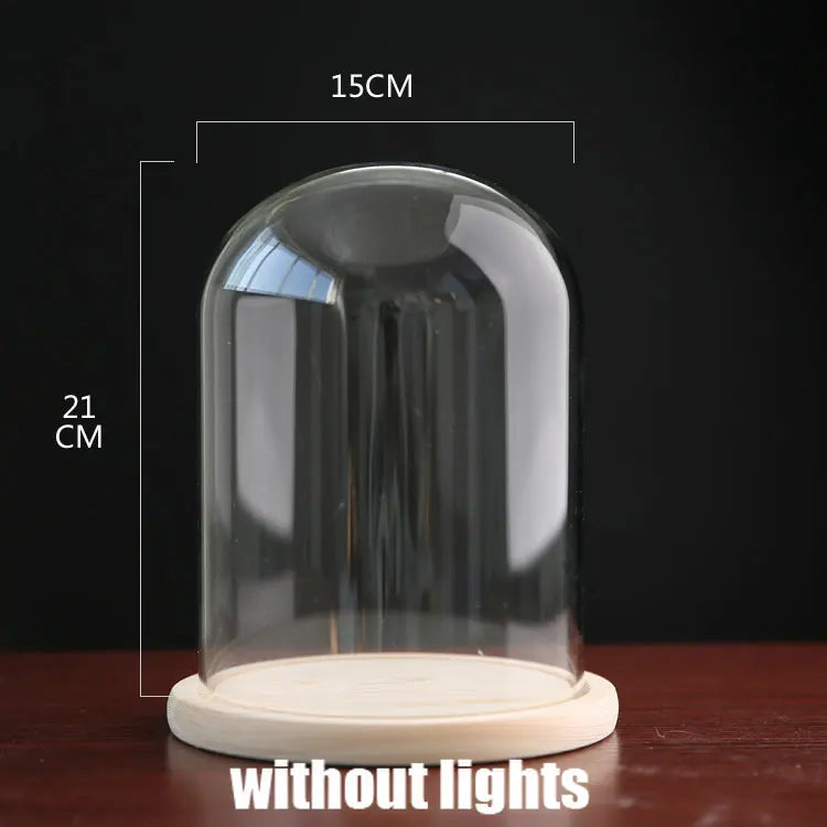 Tabletop Display Glass Cover Terrarium Container Decor Dry Flower Ornaments Craft Bell Jar Wood Base with Feet LED Light Holder