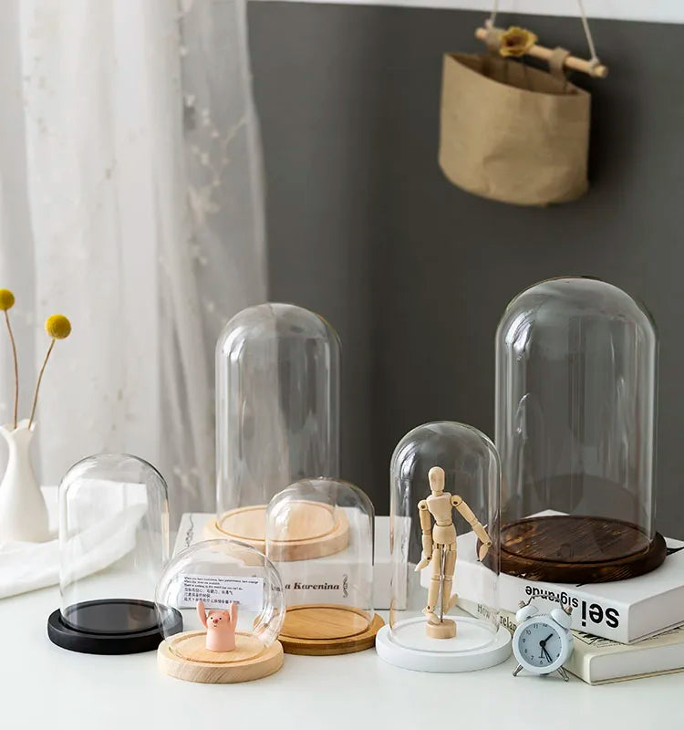 Tabletop Display Glass Cover Terrarium Container Decor Dry Flower Ornaments Craft Bell Jar Wood Base with Feet LED Light Holder