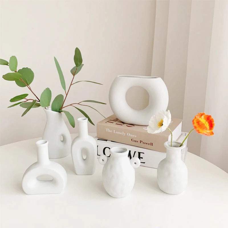 INS Ceramic Vase White Flower Pot Nordic Decorative Vase Dry Flower Vases for Home Living Room Desktop Decor ваза для цветов