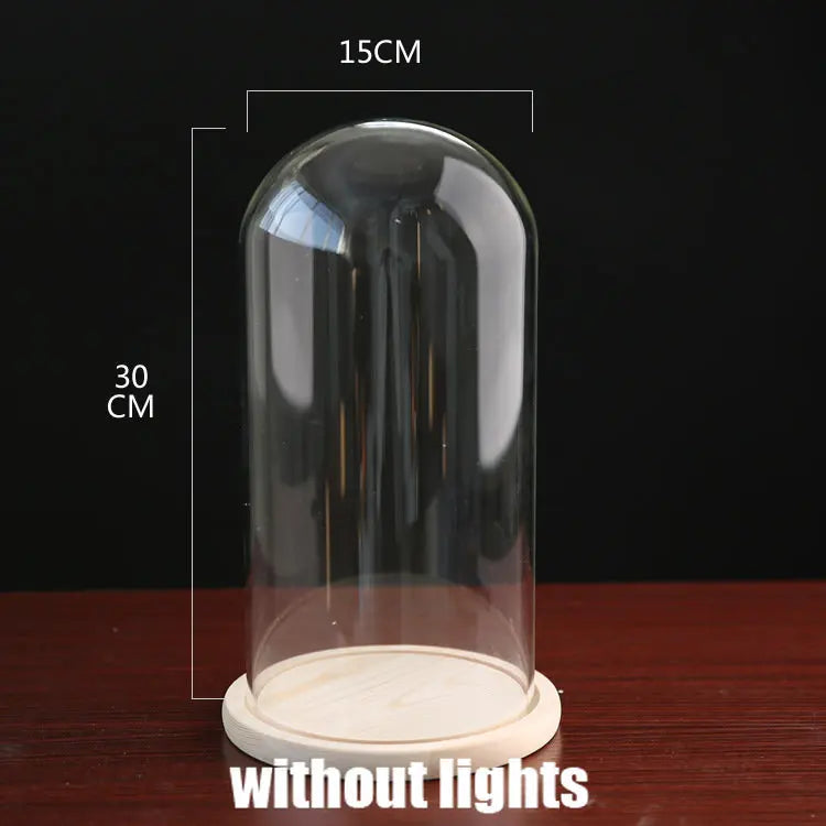 Tabletop Display Glass Cover Terrarium Container Decor Dry Flower Ornaments Craft Bell Jar Wood Base with Feet LED Light Holder