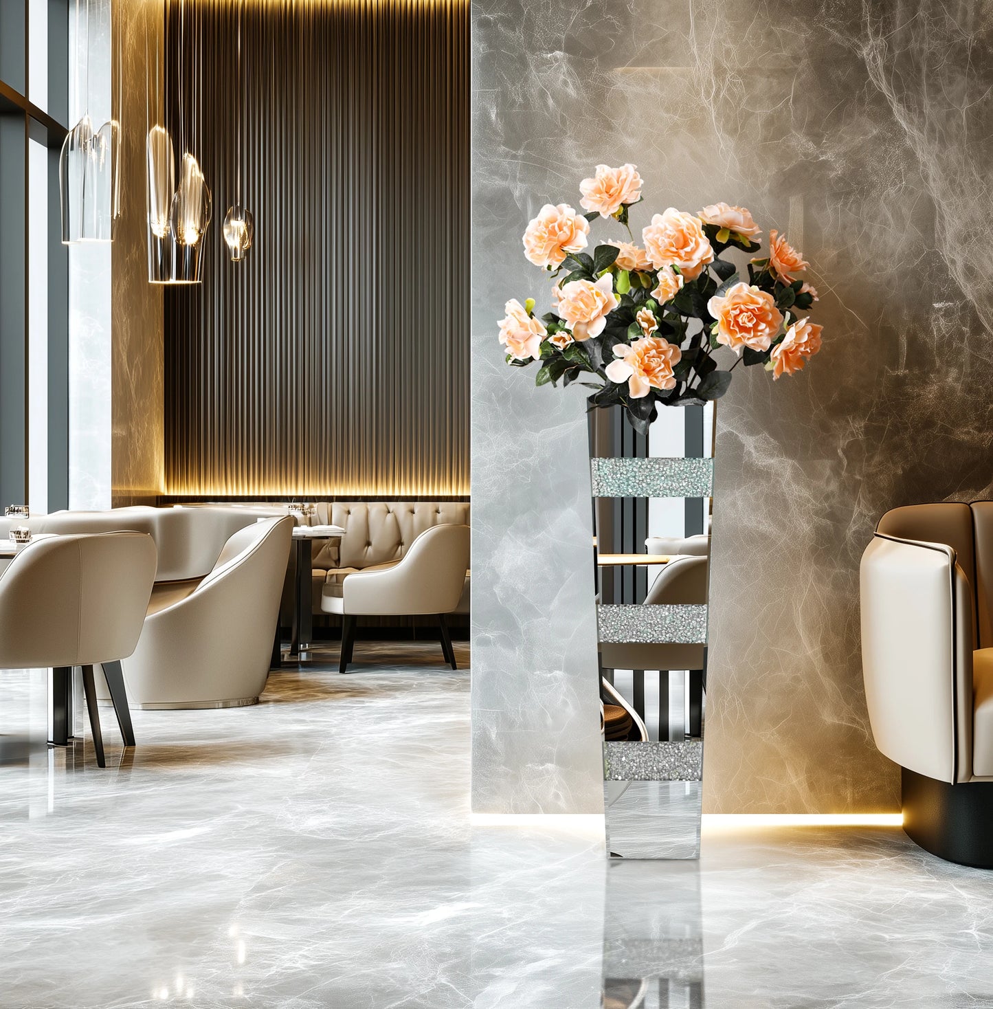 Tall Floor Mirror Vase, Large Crushed Diamond Glass Vase for Home Decor Modern Crystal Centerpiece for Living Room Wedding Hotel