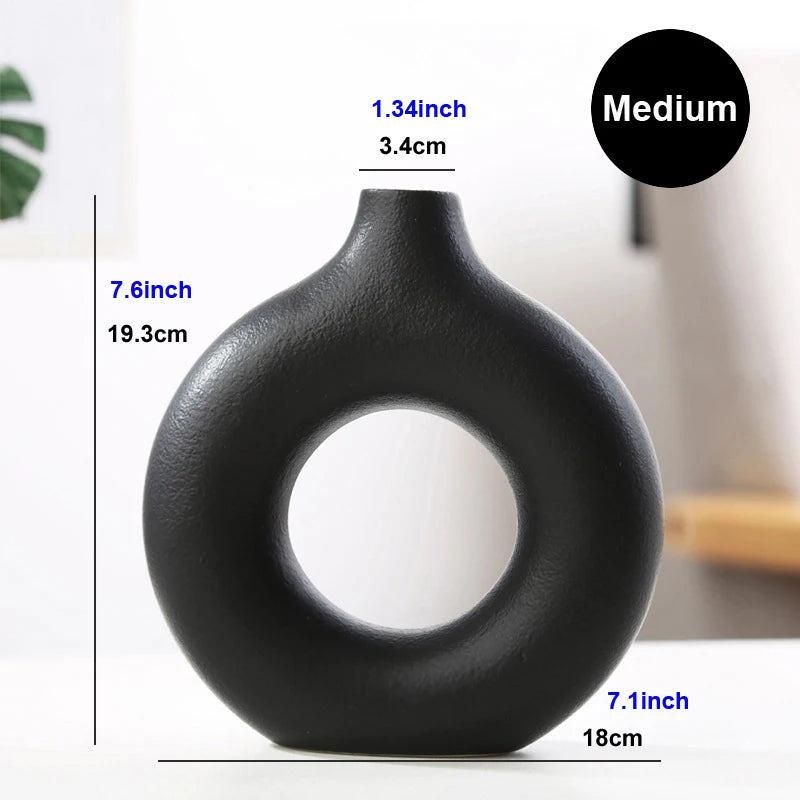 Nordic Vase Circular Hollow Ceramic Donuts Flower Pot Home Living Room Decoration Accessories Interior Office Desktop Decor Gift